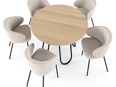Modern Round Wooden Table Set with Four Upholstered Chairs and Metal Legs 3d model