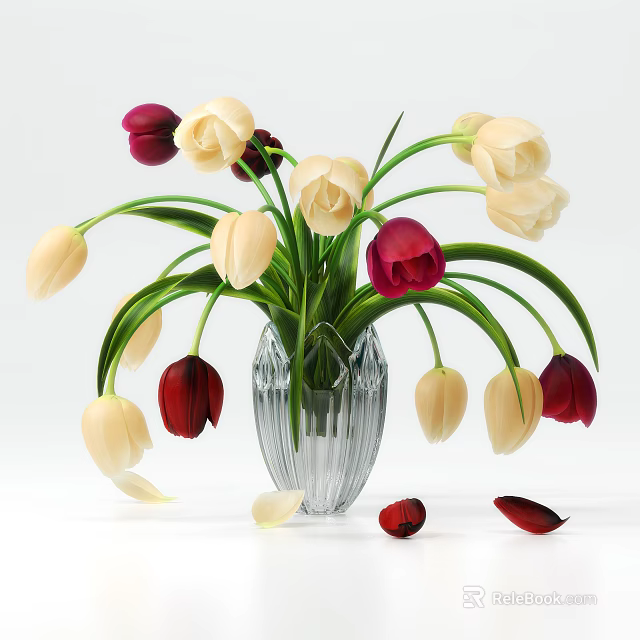 Transparent Glass Vase With White And Red Tulips And Scattered Petals 3d model 
