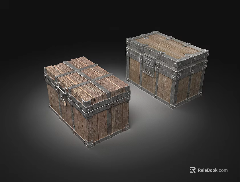 Two Vintage Wooden Chests With Metal Straps And Rustic Wood Texture 3d model 