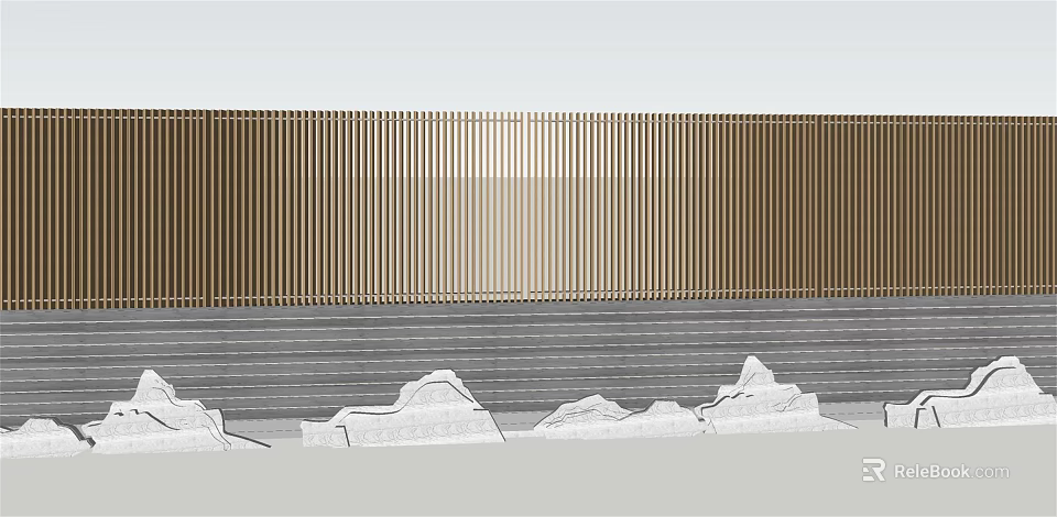 Golden Vertical Slat Feature Wall With Stone Rock Formations And Steps 3d model