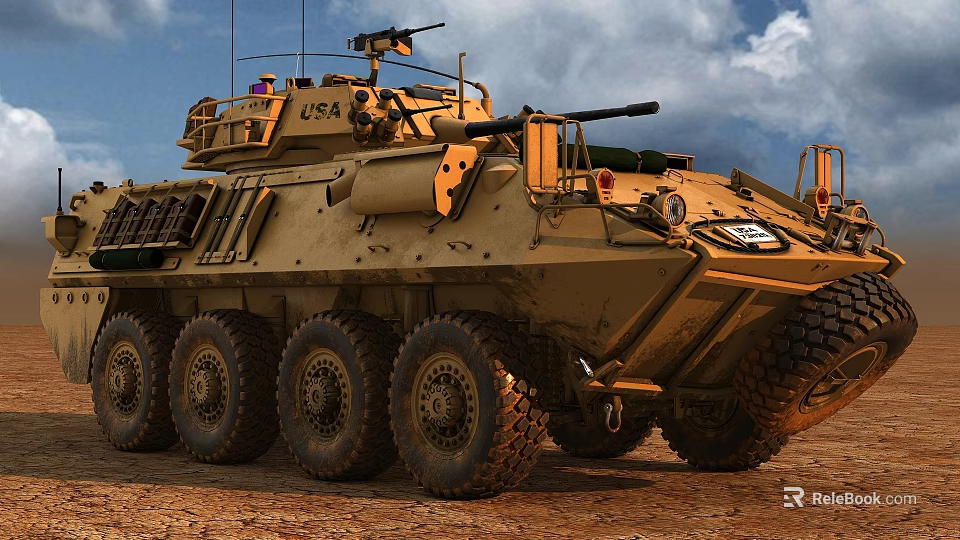 US Army Wheeled Tan Colored Tank With Turret And Machine Gun On Dirt Ground 3d model 