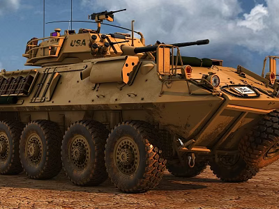 US Army Wheeled Tan Colored Tank With Turret And Machine Gun On Dirt Ground 3d model