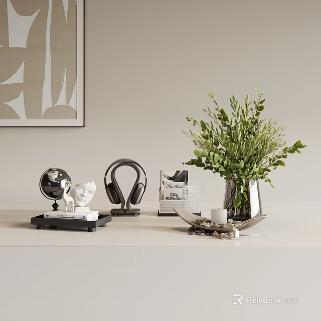 Modern Decorative Ornament Set With Globe Sculpture Headphones Green Plant Vase And Book 3d model 
