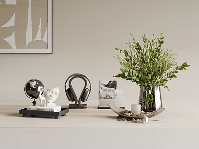 Modern Decorative Ornament Set With Globe Sculpture Headphones Green Plant Vase And Book 3d model