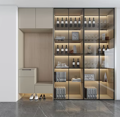 Modern Wine Cabinet Design With Glass Doors LED Lighting And Wine Bottles 3d model