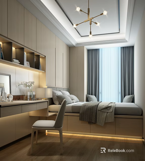 Modern Tatami Bedroom Interior With Wooden Cabinets Dressing Table Chair And Window Curtains 3d model 