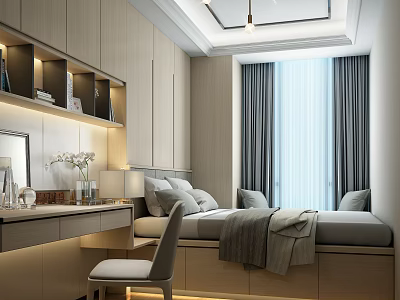 Modern Tatami Bedroom Interior With Wooden Cabinets Dressing Table Chair And Window Curtains 3d model