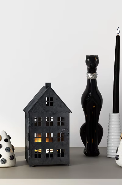 Decorative Ornament Set With Mini House Black Cat Candles And White Cone Ornaments 3d model