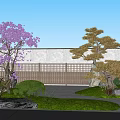 Beautiful Courtyard Garden With Purple Flowering Tree Golden Pine Stones Green Lawn And Wooden Fence