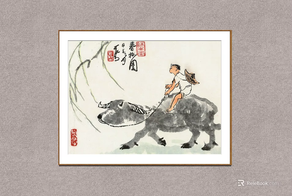Traditional Chinese Painting Of Child Riding Buffalo With Willow Branches Red Seals And Calligraphy 3d model 