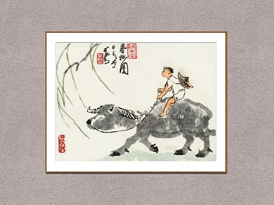 Traditional Chinese Painting Of Child Riding Buffalo With Willow Branches Red Seals And Calligraphy 3d model
