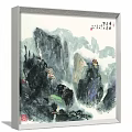 Traditional Chinese Landscape Painting With Misty Mountains And Pavilion In White Frame