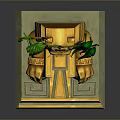 Golden Sphinx Sculpture With Green Branches Leaves And Stone Base