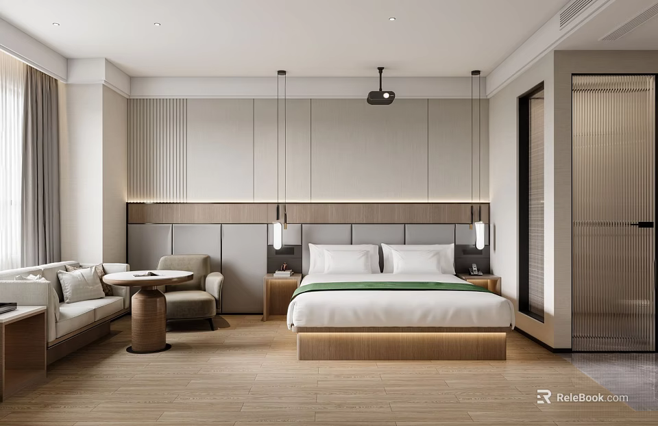 Modern Hotel Room Interior Design With Comfortable Bed Sofa And Lighting Fixtures 3d model 