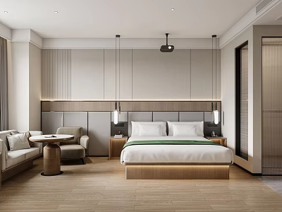 Modern Hotel Room Interior Design With Comfortable Bed Sofa And Lighting Fixtures 3d model