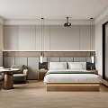 Modern Hotel Room Interior Design With Comfortable Bed Sofa And Lighting Fixtures 3d model