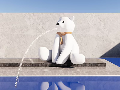 White Polar Bear Sitting Landscape Sculpture With Water Spray By Blue Pool And Gray Wall 3d model
