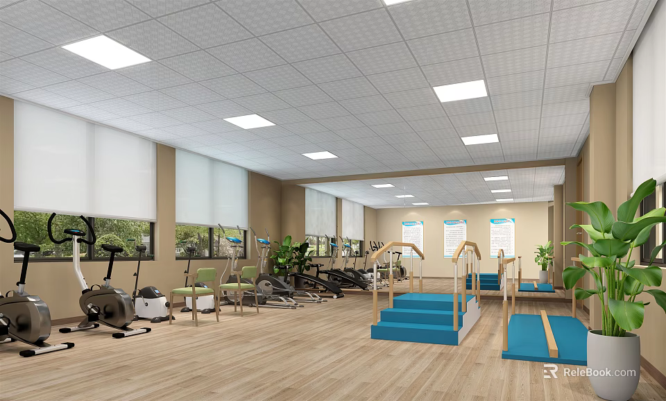 Hospital Outpatient Rehabilitation Training Room with Fitness Equipment Handrails Blue Steps and Green Plants 3d model 