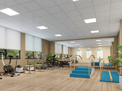 Hospital Outpatient Rehabilitation Training Room with Fitness Equipment Handrails Blue Steps and Green Plants 3d model