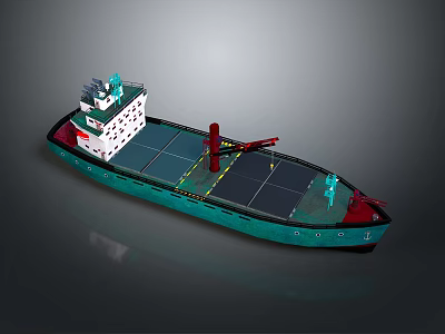 Blue Green Hull Cargo Ship 3D Model With Black Deck White Superstructure And Red Crane 3d model