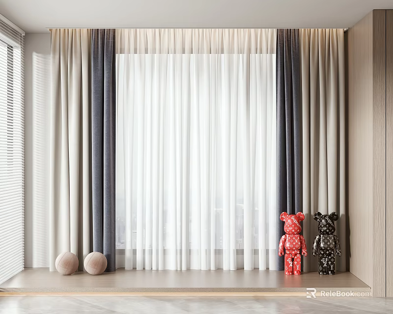 Modern Layered Curtains White Gray and Dark Gray with Window Plush Balls Bear Decorations 3d model 