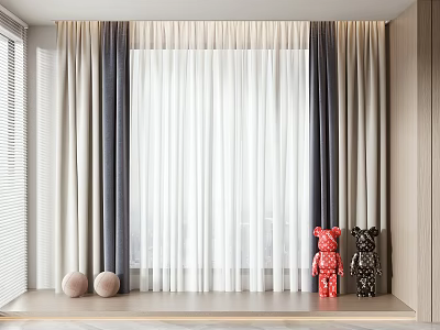 Modern Layered Curtains White Gray and Dark Gray with Window Plush Balls Bear Decorations 3d model