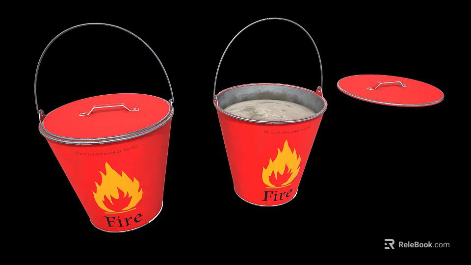 Red Fire Buckets With Flame Design Some With Open Lids And Fire Label 3d model 
