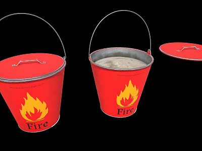 Red Fire Buckets With Flame Design Some With Open Lids And Fire Label 3d model