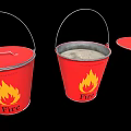 Red Fire Buckets With Flame Design Some With Open Lids And Fire Label