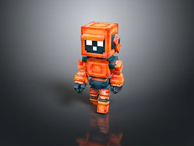 3D Game Movie Character With Orange Pixel Robot Design And Mechanical Features 3d model