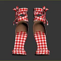 Fashionable Red And White Checkered Open Toe High Heels With Bow Tie Laces