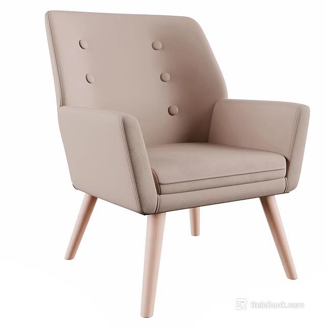 Light Beige Modern Single Sofa With Button Tufted Back And Wooden Legs 3d model