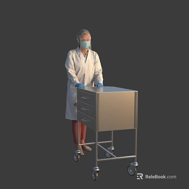 Woman in White Coat Wearing Mask and Blue Gloves with Stainless Steel Wheeled Cart 3d model 