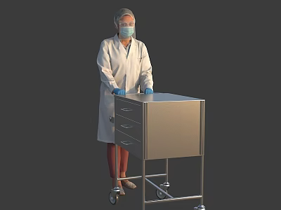 Woman in White Coat Wearing Mask and Blue Gloves with Stainless Steel Wheeled Cart 3d model