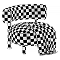 Light Beige Upholstered Leisure Chair With Curved Backrest Wooden Legs And Brown Knitted Blanket