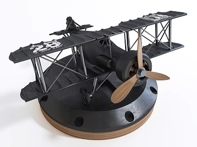 Black Biplane Model Decorative Ornament Set With Wooden Propeller And Circular Base 3d model