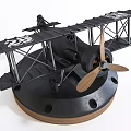 Black Biplane Model Decorative Ornament Set With Wooden Propeller And Circular Base
