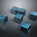 Modern Cube Containers With Blue Grid Pattern Stacked On Reflective Surface 3d model