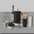 Essential Kitchen Utensils Collection With Mug Kettle Bottle Jar Bowl And Sponge