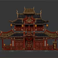 Cartoon Scene of Traditional Chinese Red Pagoda With Golden Ornate Roof and Hanging Lanterns