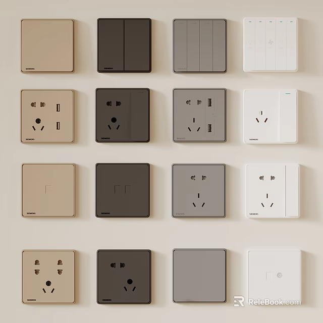 Modern Switch Panels Displayed In Multiple Colors With Various Socket Configurations 3d model 