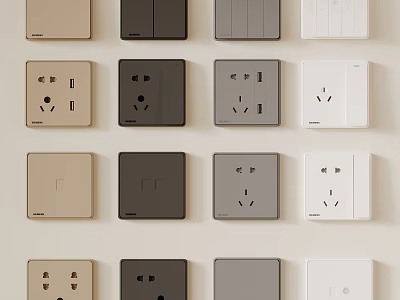 Modern Switch Panels Displayed In Multiple Colors With Various Socket Configurations 3d model
