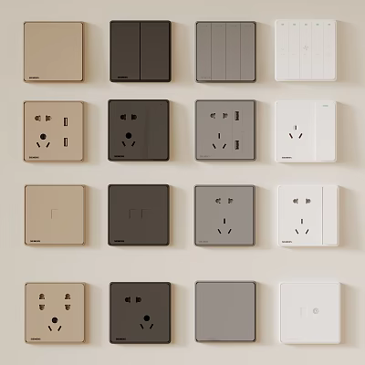 Modern Switch Panels Displayed In Multiple Colors With Various Socket Configurations 3d model