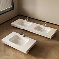 Two Modern White Washbasins On Wooden Floor With Light Wall And Blinds