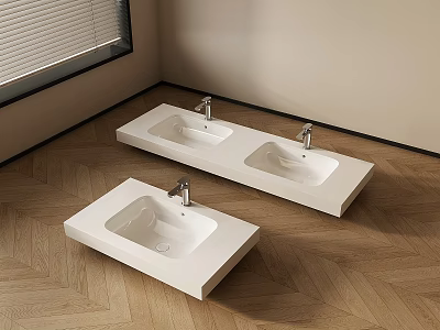 Two Modern White Washbasins On Wooden Floor With Light Wall And Blinds 3d model