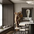 Modern Dining Room Interior With Round Table Chairs Pendant Light Fireplace And Decorative Painting
