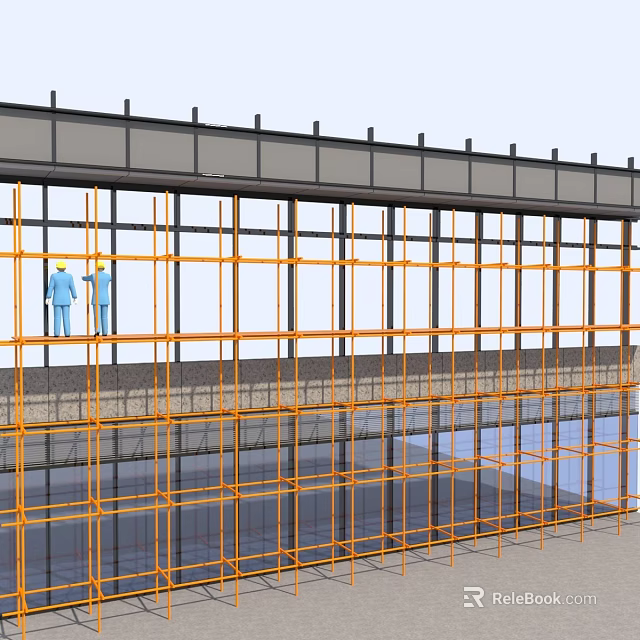 Construction Workers On Scaffolding For Glass Curtain Wall Building Facade 3d model 