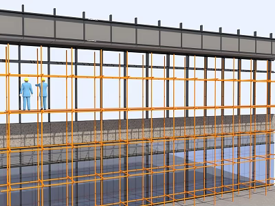 Construction Workers On Scaffolding For Glass Curtain Wall Building Facade 3d model