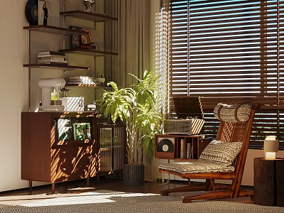 Sunlit Study Room Interior With Wooden Shelves Rocking Chair Potted Plant And Laptop 3d model