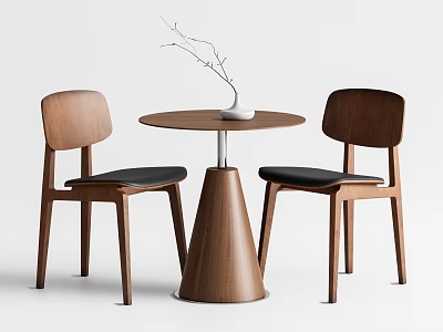 Wooden Round Table Set with Two Chairs Black Cushions and Vase Decoration 3d model